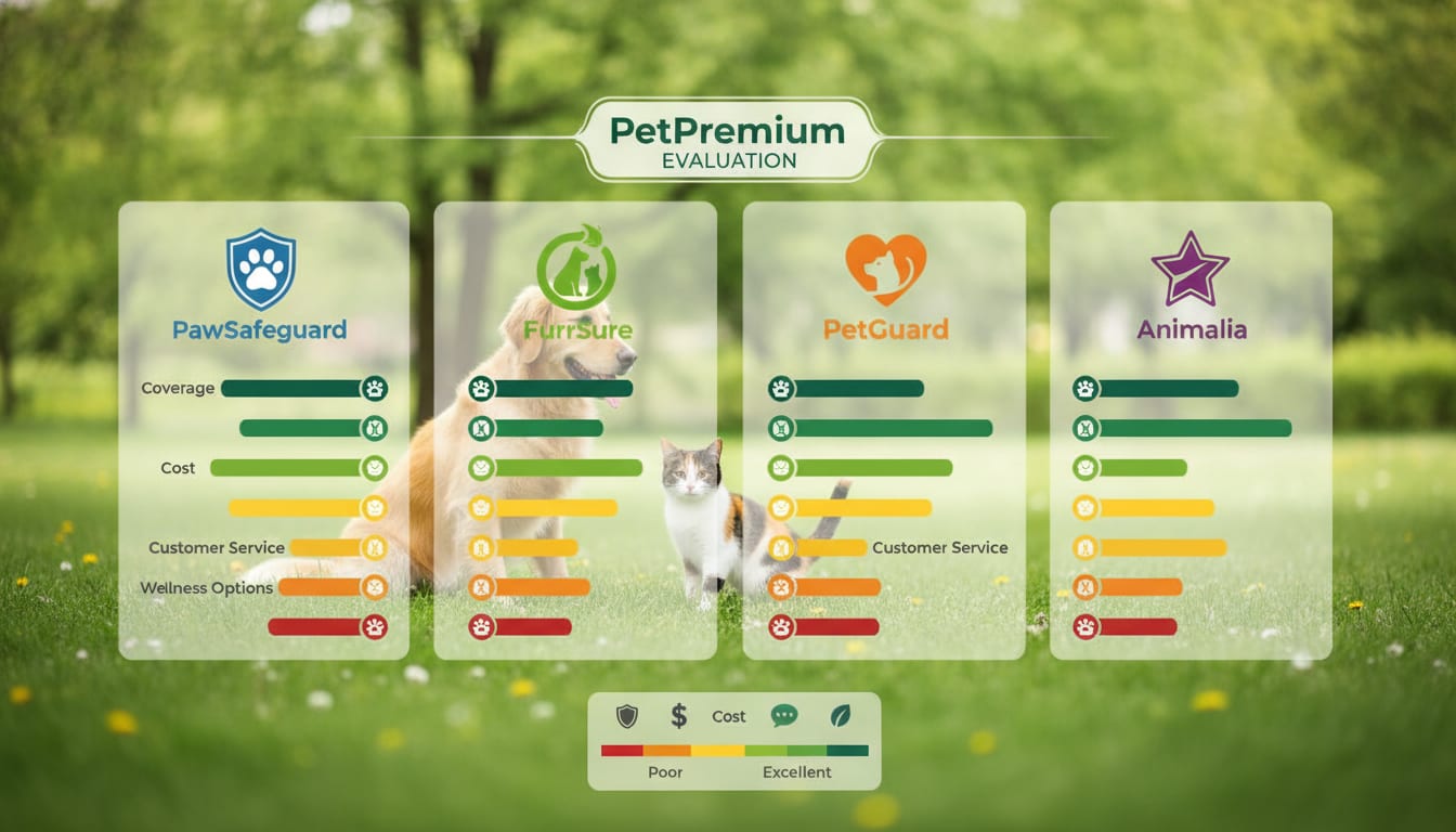 Side-by-side comparison chart showing top pet insurance providers rated by PetPremium with coverage details and scores.