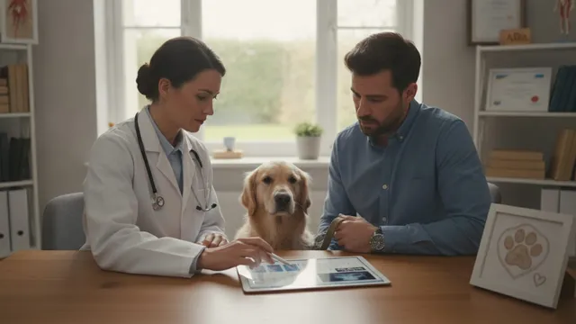 Veterinarian discusses a dog's medical chart with a concerned pet owner in an exam room.