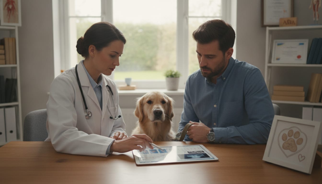 Veterinarian discusses a dog's medical chart with a concerned pet owner in an exam room.