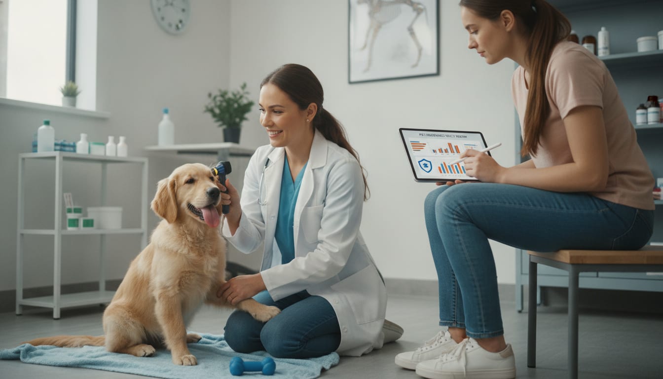 Veterinarian examines a golden retriever puppy as the owner reviews insurance paperwork on a tablet nearby.
