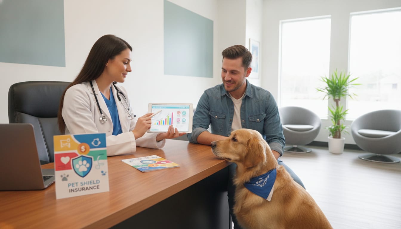 Veterinarian reviews pet insurance policy with dog owner in a bright clinic