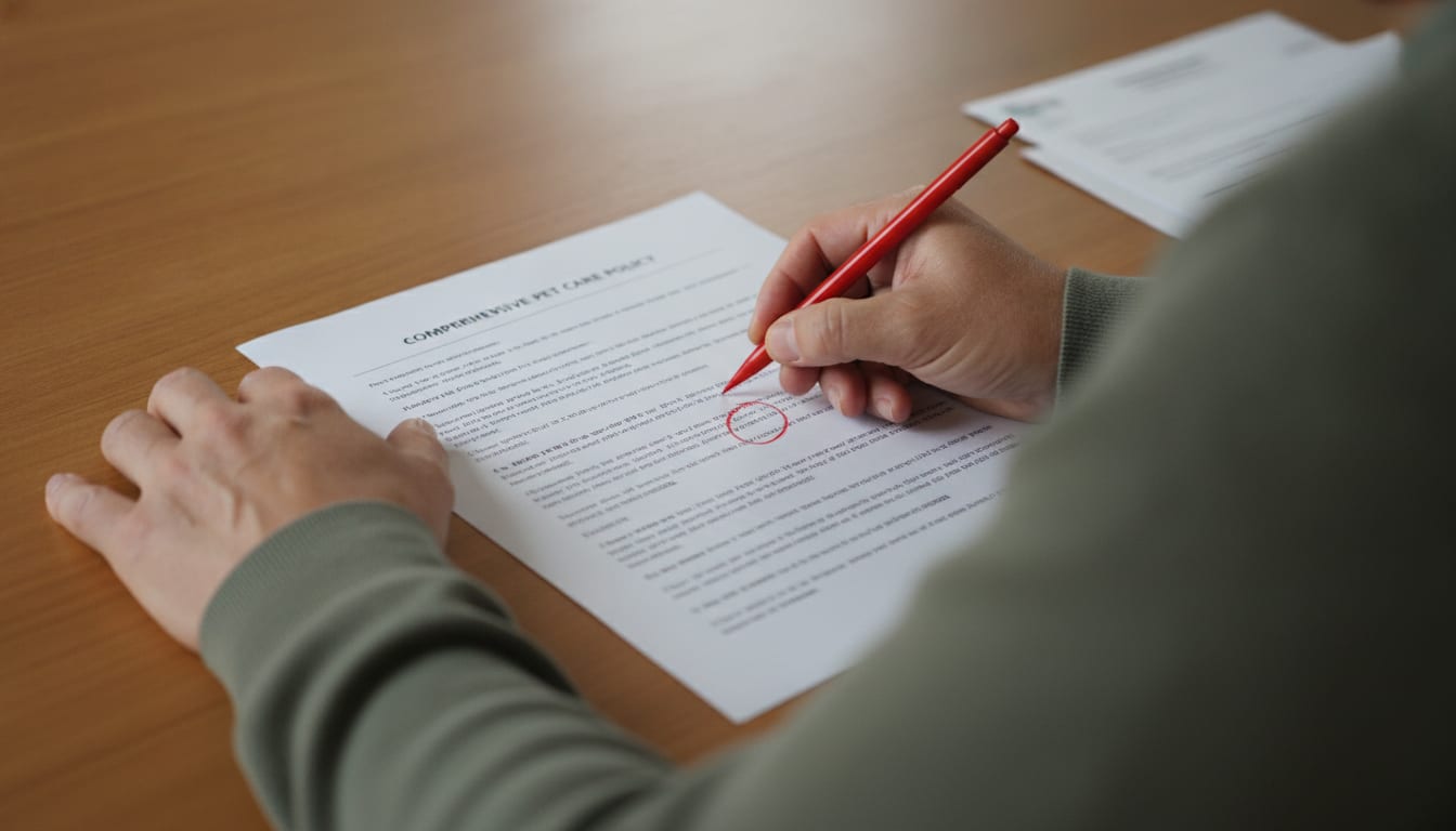 Overhead view of weathered hands circling fine print on a pet insurance policy with a red pen at a wooden desk.
