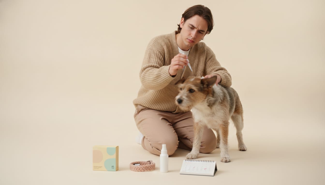 Person kneeling on a pale backdrop parts a terrier mix's fur to apply topical flea treat
