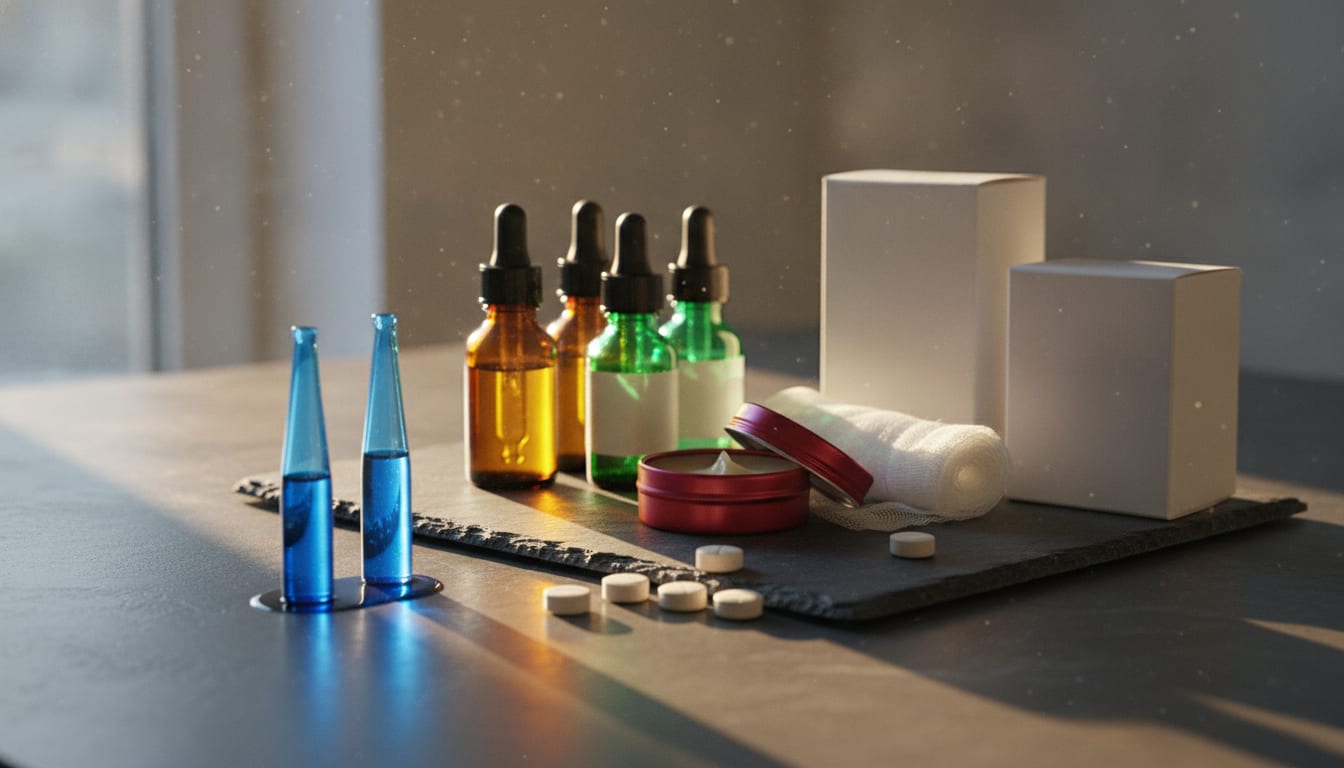 Amber, emerald and sapphire pet care bottles, flea pipettes, salve t