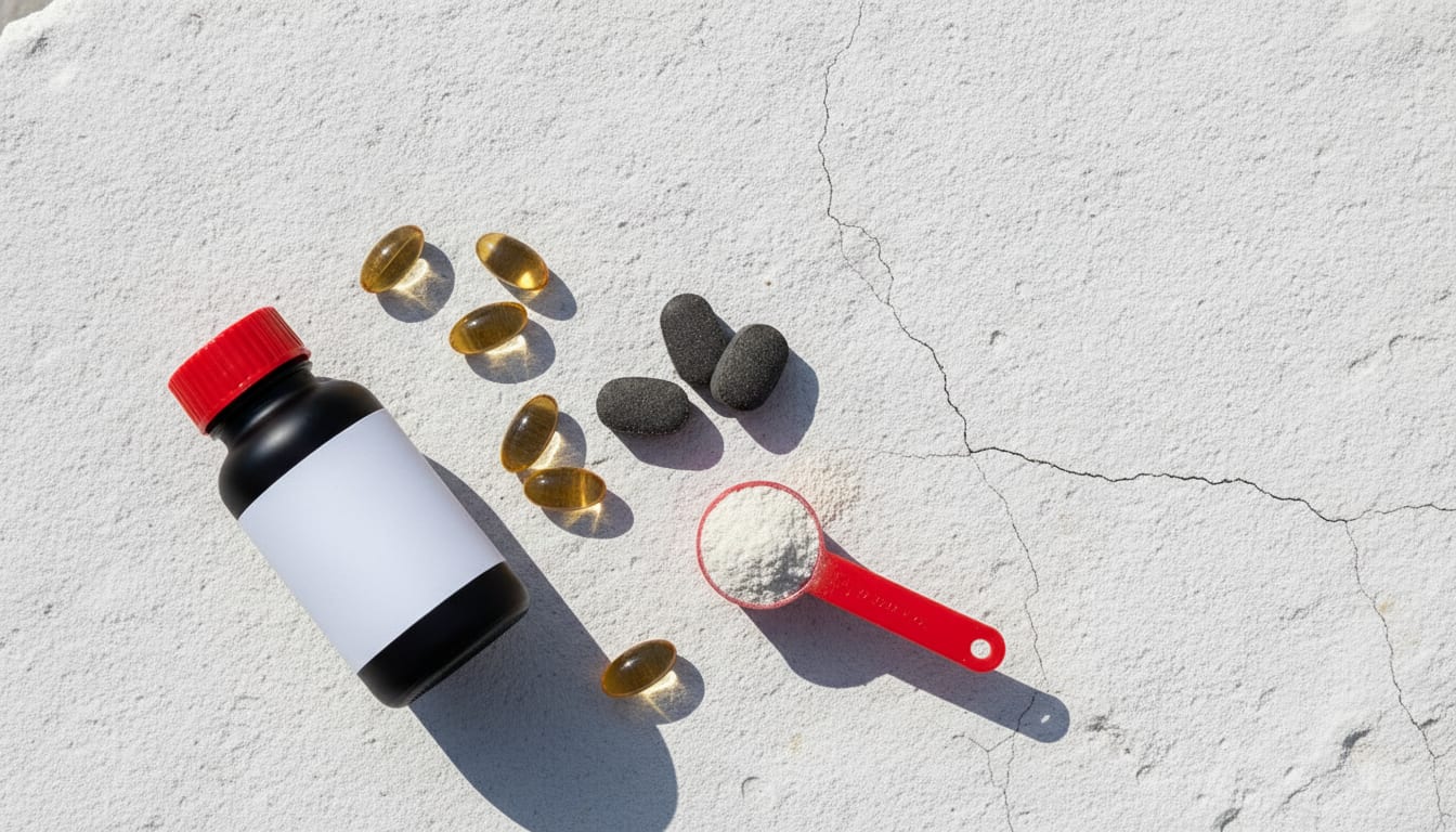 Black supplement bottle with red cap, amber softgels, grey chews and a red scoop of powder on